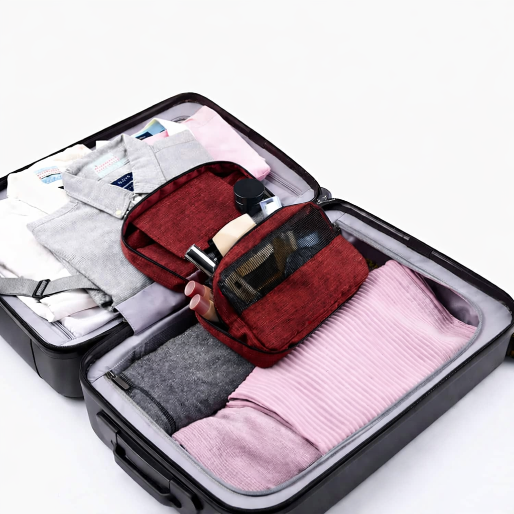 حقيبة تنظيم أدوات السفر متعددة الأقسام مقاومة للماء – لون أحمر غامق (Burgundy Travel Organizer Bag) - الصورة 4