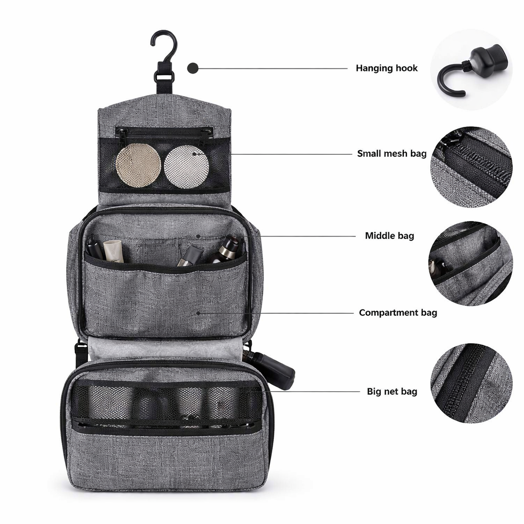 حقيبة تنظيم أدوات السفر متعددة الأقسام مقاومة للماء – لون رمادي (Grey Travel Organizer Bag) - الصورة 2