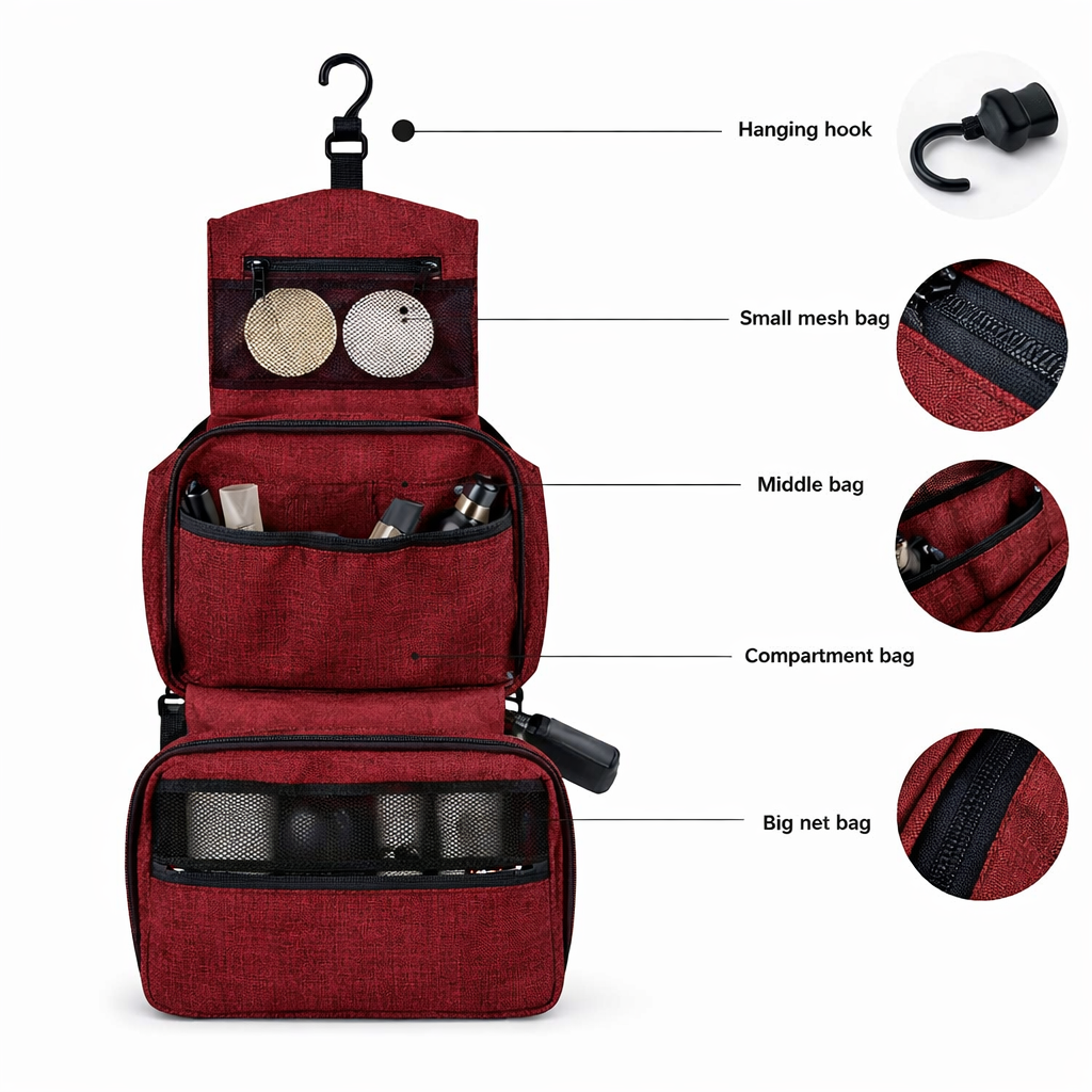 حقيبة تنظيم أدوات السفر متعددة الأقسام مقاومة للماء – لون أحمر غامق (Burgundy Travel Organizer Bag) - الصورة 2