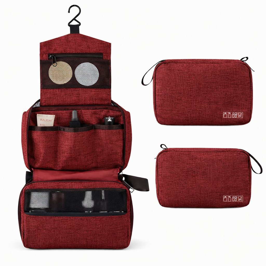 حقيبة تنظيم أدوات السفر متعددة الأقسام مقاومة للماء – لون أحمر غامق (Burgundy Travel Organizer Bag) - الصورة 7